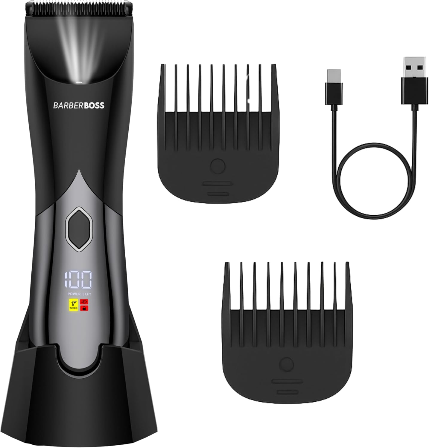 BarberBoss Męski trymer intymny, bezprzewodowy, wodoodporny elektryczny trymer do włosów, regulowane ustawienia długości do pielęgnacji całego ciała, elektryczna maszynka do strzyżenia dla mężczyzn