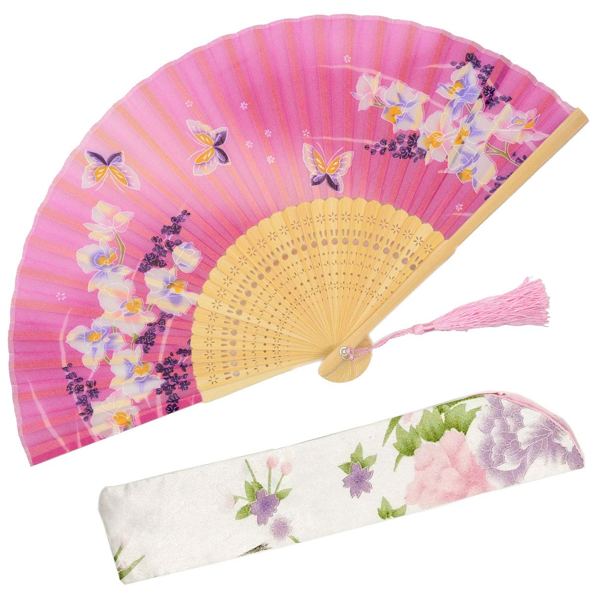 OMyTea "Orchis Chinese/Japanese Women Hand Held Silk Folding Fans with Bamboo Frame - With a Fabric Sleeve for Protection (WZS-24)