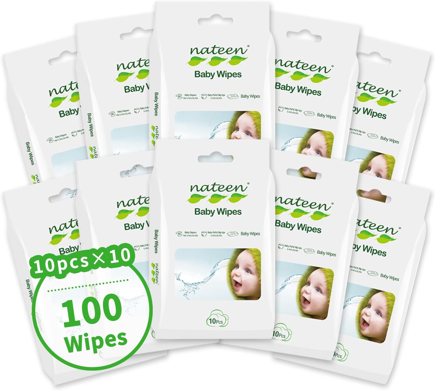 Nateen Baby Wipes,100pcs Individual Pack Baby Wet Wipes,Wipes with 99% water for Baby,Easy Carry Out Wipes Travel Size,Specific for Mouth and Hands Cleaness.(10s x 10 Pack)