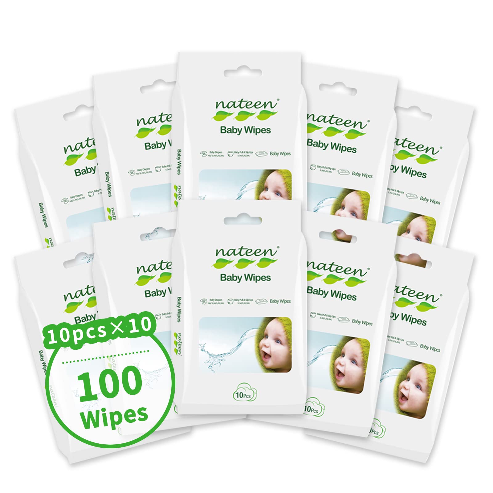 Nateen Baby Wipes,100pcs Individual Pack Baby Wet Wipes,Wipes with 99% water for Baby,Easy Carry Out Wipes Travel Size,Specific for Mouth and Hands Cleaness.(10s x 10 Pack)