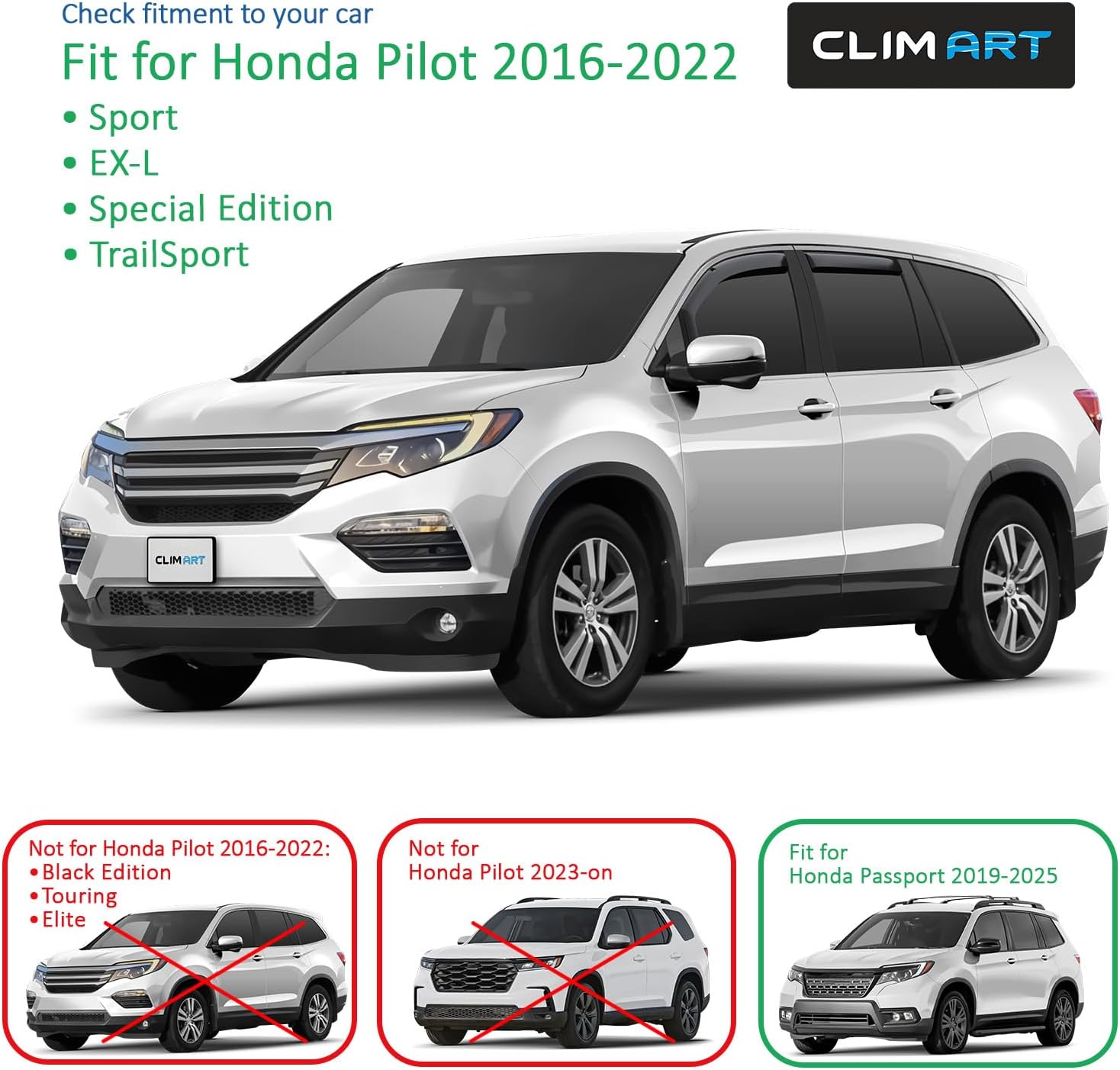 CLIM ART in-Channel Incredibly Durable Rain Guards for Pilot 2016-2022, Original Window Deflectors,Vent Deflector,Vent Window Visors,Dark Smoke Car Accessories,4pcs - 616276