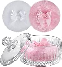 NiHome Powder Puffs with Glass Container Set for Vanity & Bathroom, 2 Ultra-Soft Plush Puffs and Elegant Ribbed Crystal Glass Jar, Large Fluffy Body & Face Powder Applicator for Smooth & Even Coverage