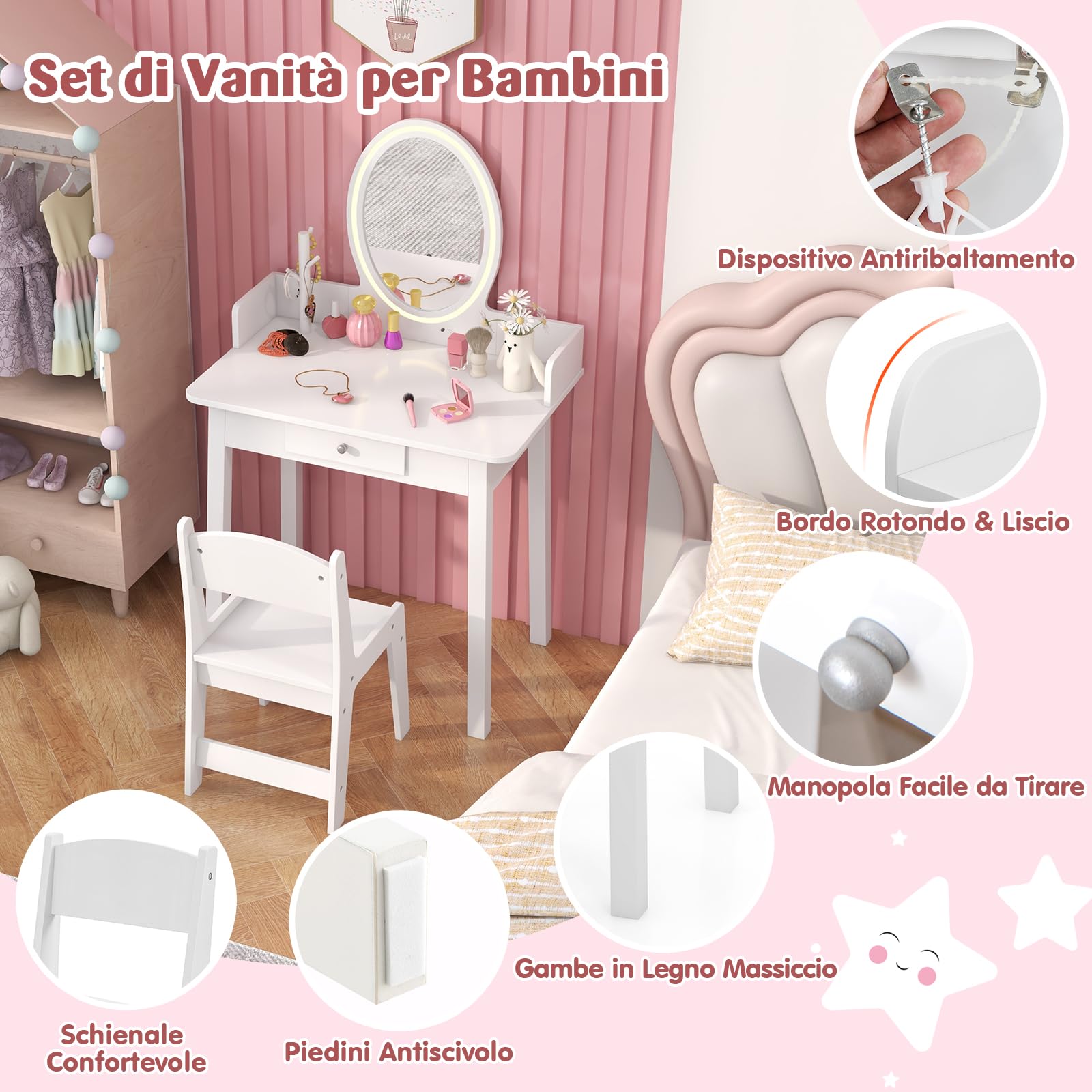 RELAX4LIFE Toeletta Trucco per Bambina con Luci LED, Specchiera Trucco con Sgabello, Toeletta in Legno, Specchio Rimovibile, per Bambini 3+ Anni (Bianco)
