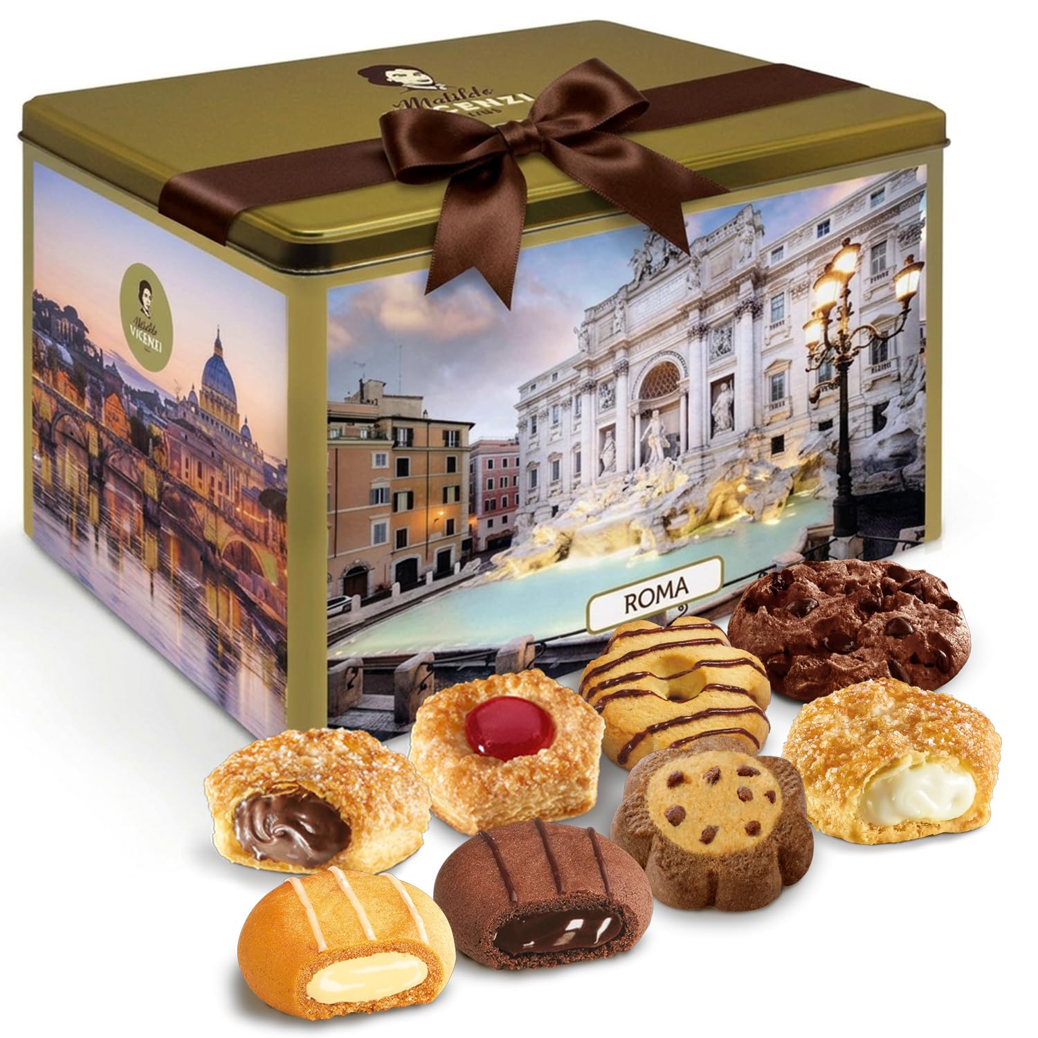 Matilde Vicenzi Roma Cookie Gift Tin - Pastries & Cookies in Individually Wrapped Trays - Gourmet Gifts For Hosts, Birthdays - Assorted Cookies in Italian Design Tin 32.5oz (920g)