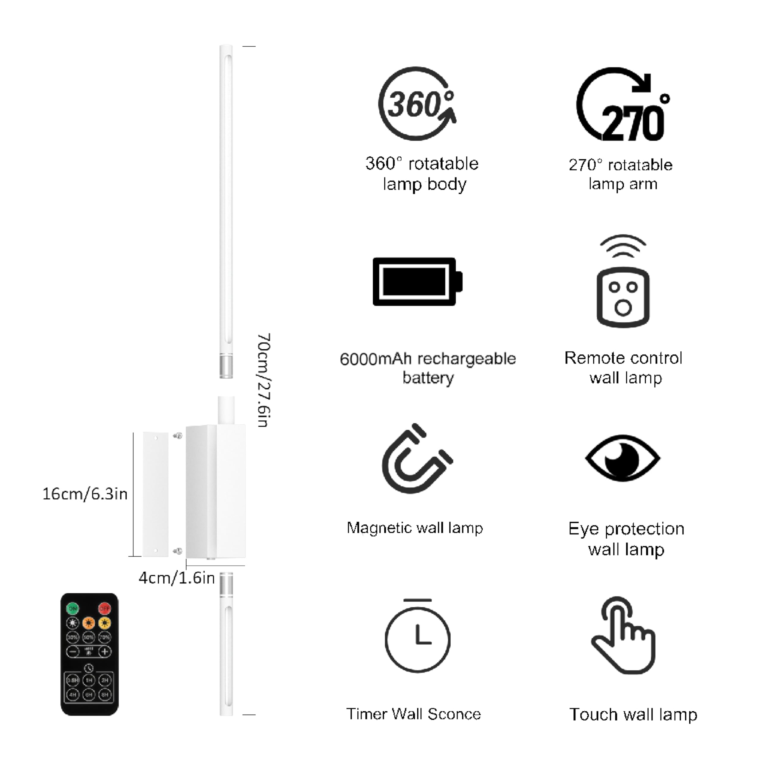 2 Stück 6000mAh Innen-Wandleuchte mit Akku, Weiß, 70CM, 5W, Kabellose Wandlampe mit Fernbedienung mit Timer & Schalter, LED 3000-6000K Dimmbare Touch Wandleuchten für Schlafzimmer und Flur