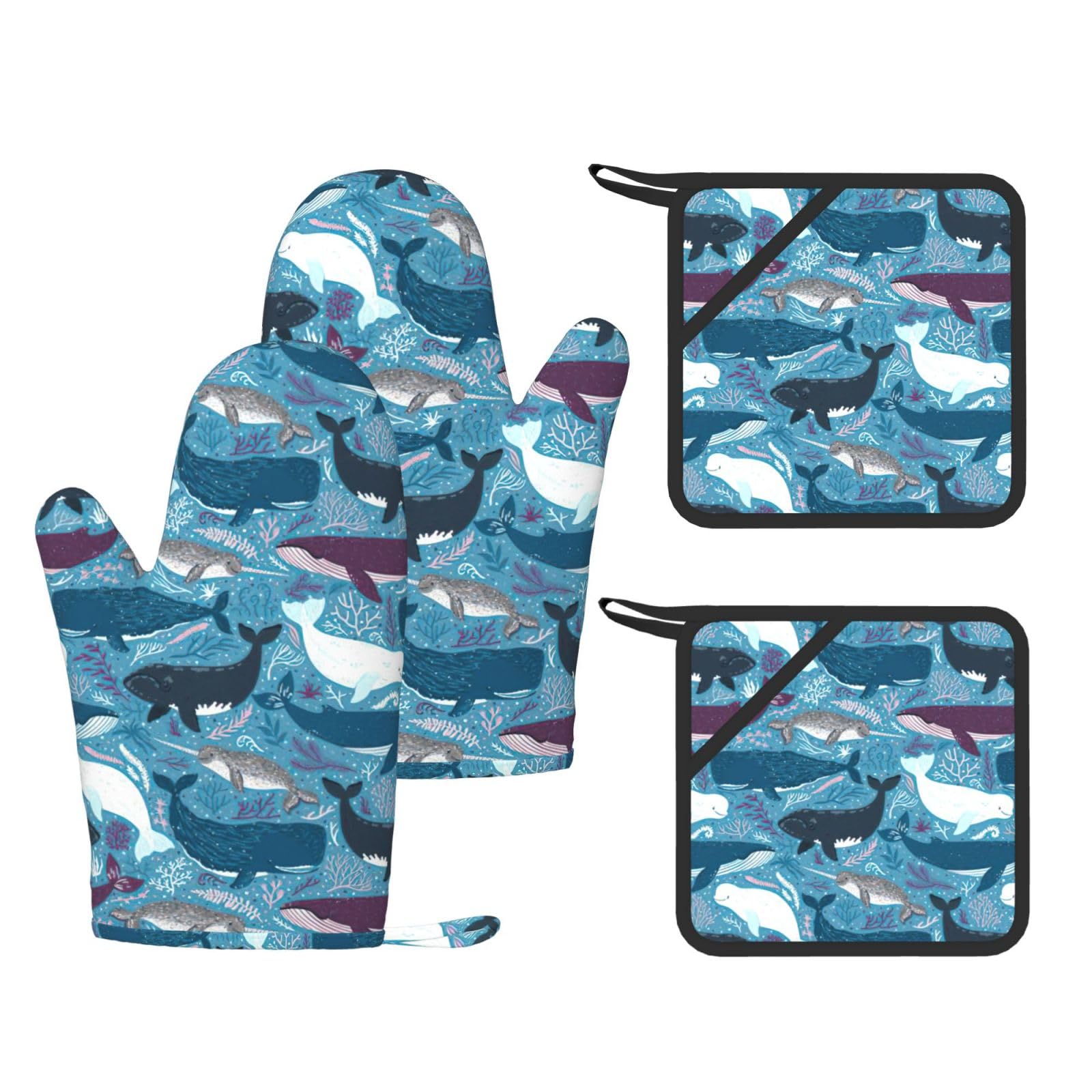 Nimongt Black Whale Pattern Print Heat Resistant Gloves Pads Reusable Kitchen Set Oven Baking Grilling Cooking