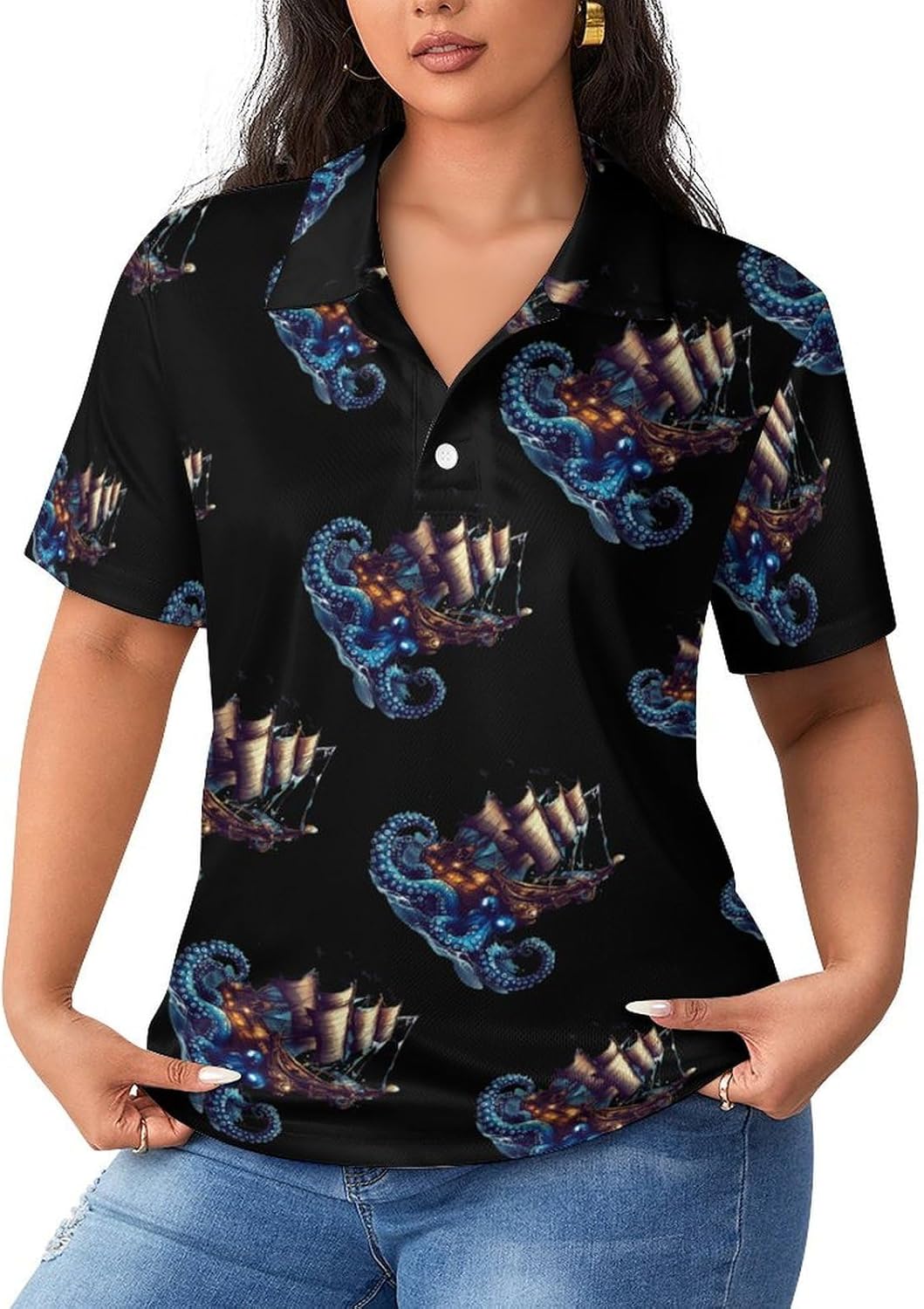 Octopus Pirateships Sailing Womens Golf Polo Shirts Summer Short Sleeve Collared 3 Buttons T Shirt Activewear Tops