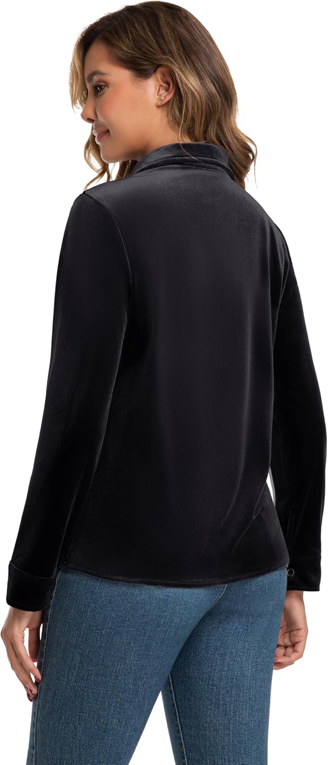 Womens Velvet Tops Casual Vintage Long Sleeve Lapel Neck Button Down Shirts Trendy Clothes 2025 - Image 3