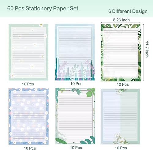 Miniatura 2 de 60 papeles de papelería a rayas, papel de papelería para escribir cartas, notas, invitaciones, papeles de escritura florales con líneas, 6 estilos