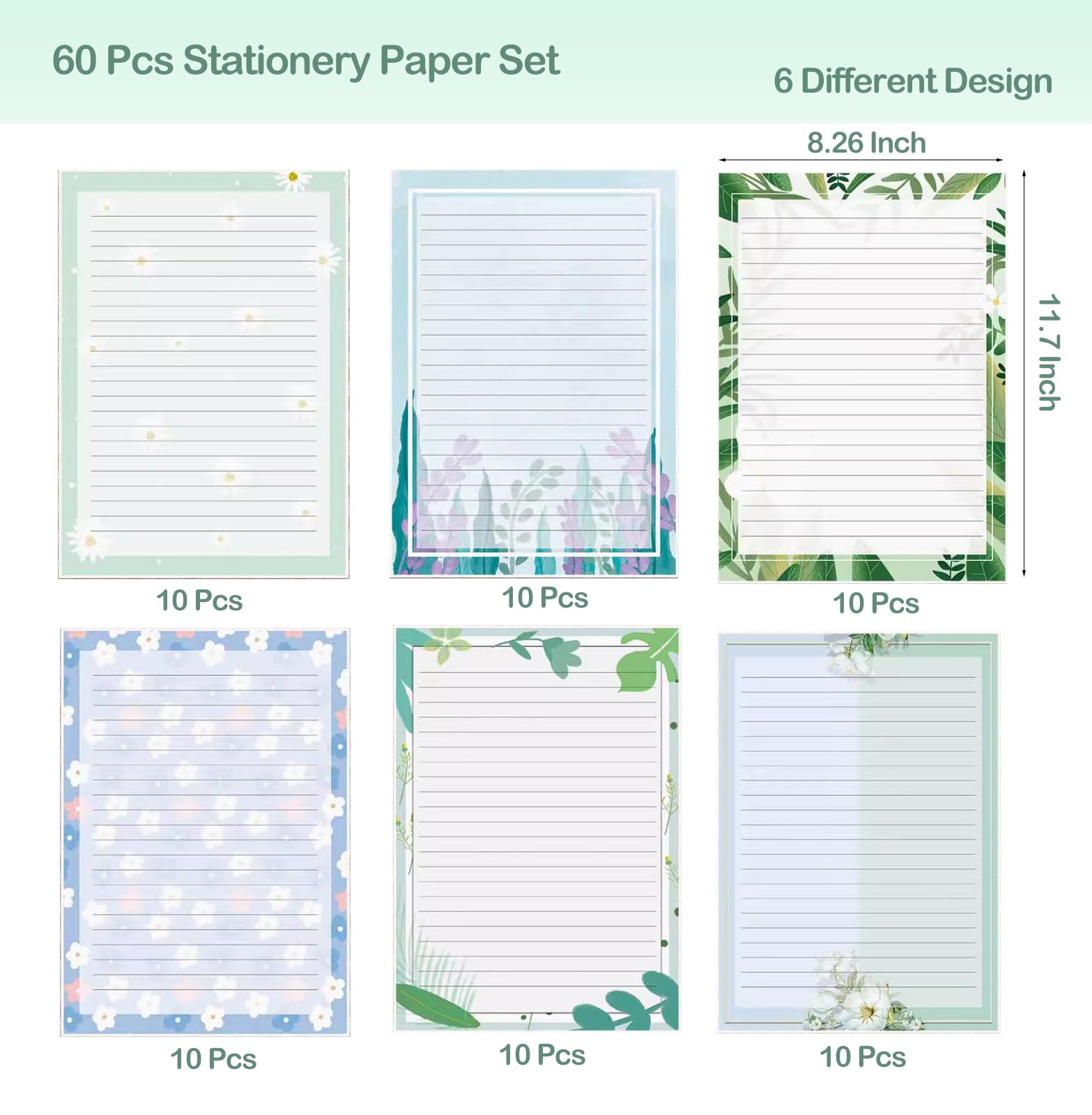 IMagicoo 60 Lined Writing Stationery Paper, Stationery Paper for Writing Letter, Notes, Invitations, Floral Writing Papers with Lines, 6 Different Style (11.7 x 8.26") - Image 2