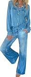 Women’s Denim Dreams Pajama Set, Pajama Jeans for Women, Soft Stretch Lounge Wear with Relaxed Wide-Leg Pants