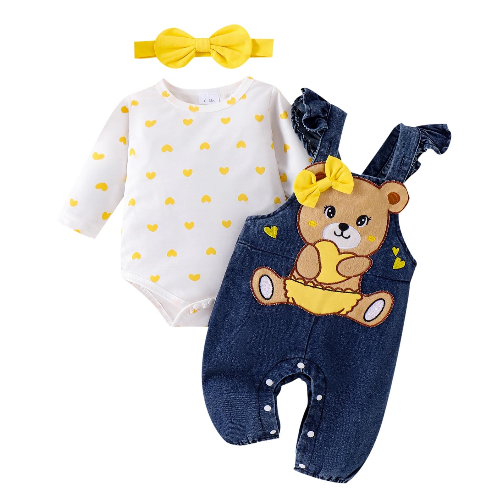Baby Girl Clothes Outfits Fall Winter Cute Love Romper Bear Cartoon Overalls Jeans Pants Headband Set 0-18 Months
