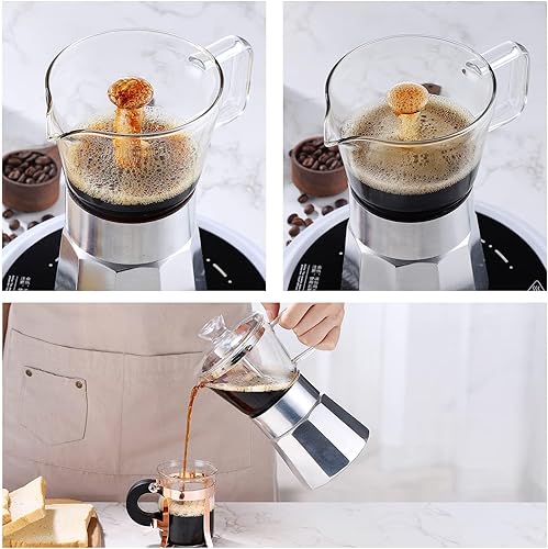 Miniatura 4 de SIXAQUAE Moka - Cafetera de café expreso, encimera de cristal y cafetera de aluminio para expreso, cafetera italiana clásica, 12.2fl oz (8taza)