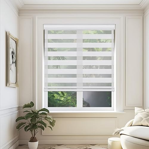 Miniatura 2 de Youngoo Persianas sin cordones de cebra para ventanas, persianas enrollables para puertas corredizas de vidrio, doble capa de tela transparente,