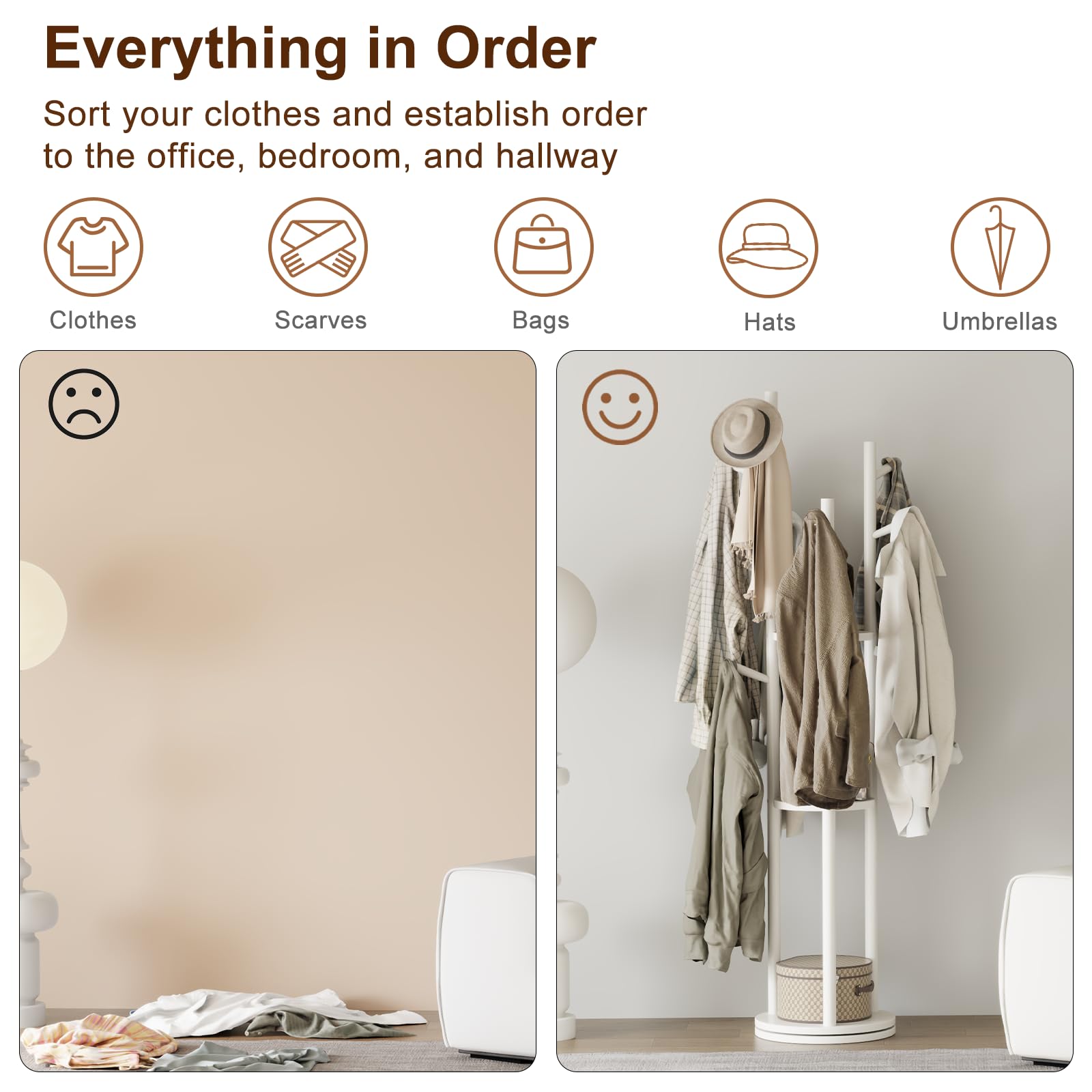 AQIMUELE Perchero, Perchero de Madera Maciza, 9 Ganchos, Colgador para Abrigos, Bolsos, Gorras, Ideal para Entrada, Pasillo, Altura de 163 cm, Blanco