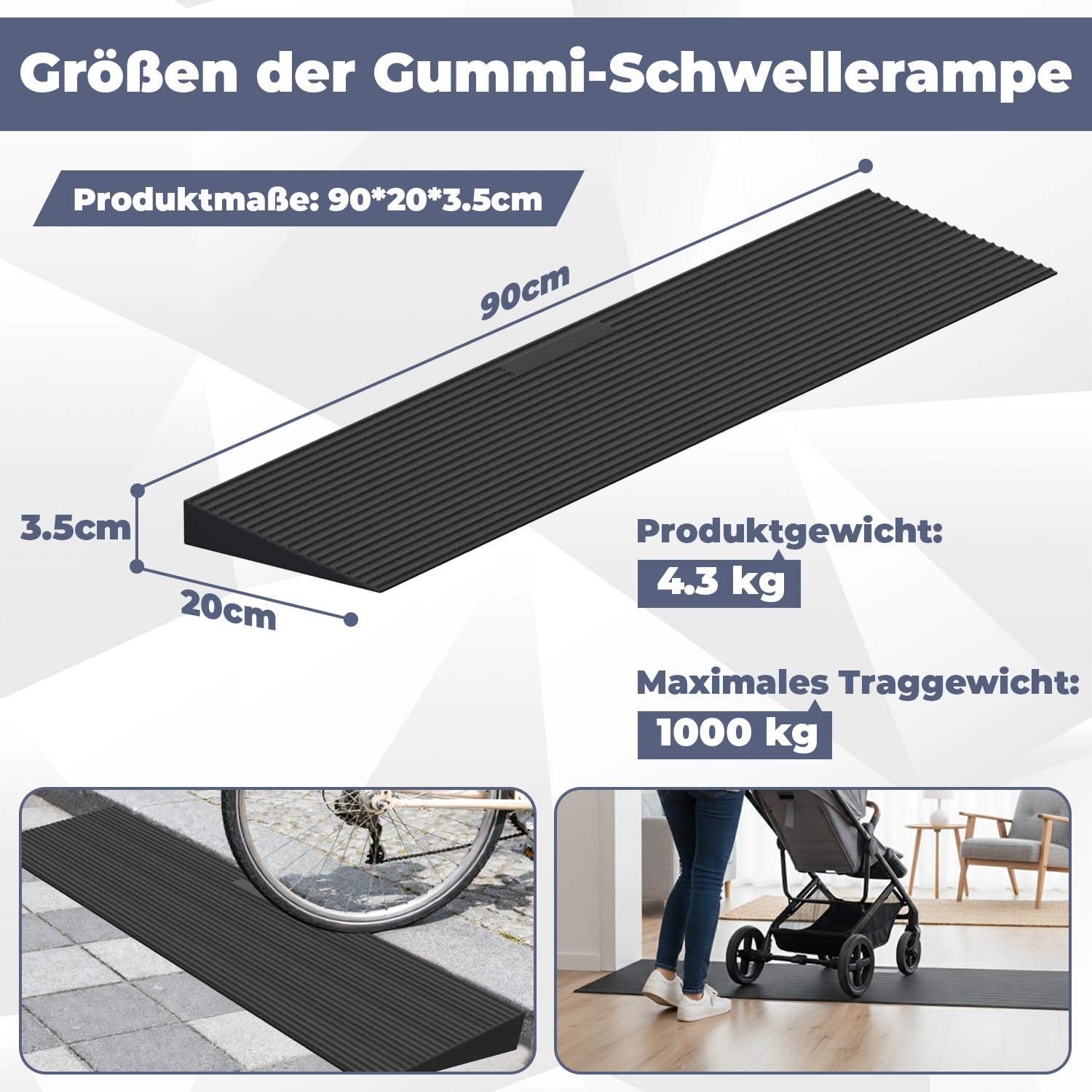 Türschwellenrampe,90x20x3.5cm Rollstuhlrampe aus Vollgummi bis 1,5t|Kürzbare & rutschfeste Auffahrrampe für Saugroboter,Rollator,Kinderwagen,Doppelseitigem Klebeband