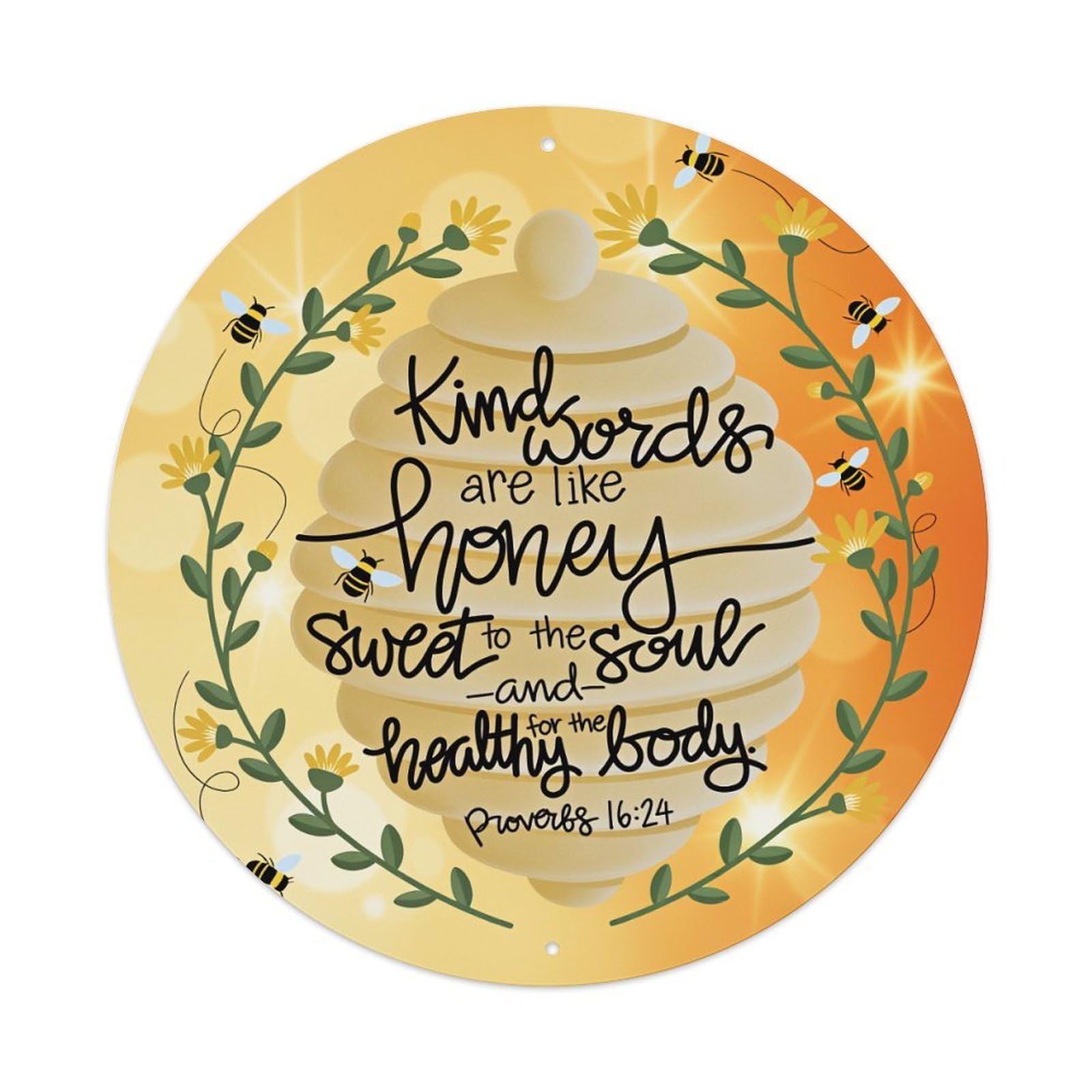 Honeycomb Bee Floral Wreath Scripture Round Tin Sign Vintage Metal Poster Retro Bar, Home, Man Cave, Kitchen, Laundry Room Wall Art Decor Gift 8x8In