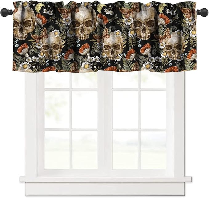 Sugar Skull Mushroom Valance Curtain Floral Gothic Halloween Skeleton Spooky Butterfly Daisy Vintage Rod Pocket Valance Window Treatments 1 Panel for Kitchen Living Room Decor 54x18 in
