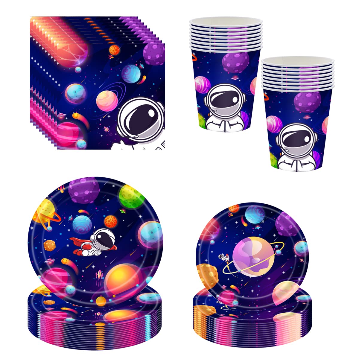 Galaxy Planet Theme Tableware, Astronaut Happy Birthday Plates, Outer Space Theme Party Dinnerware Plates, Cups Napkins, Galaxy Planet Theme Supplies, Serves 24 Guests