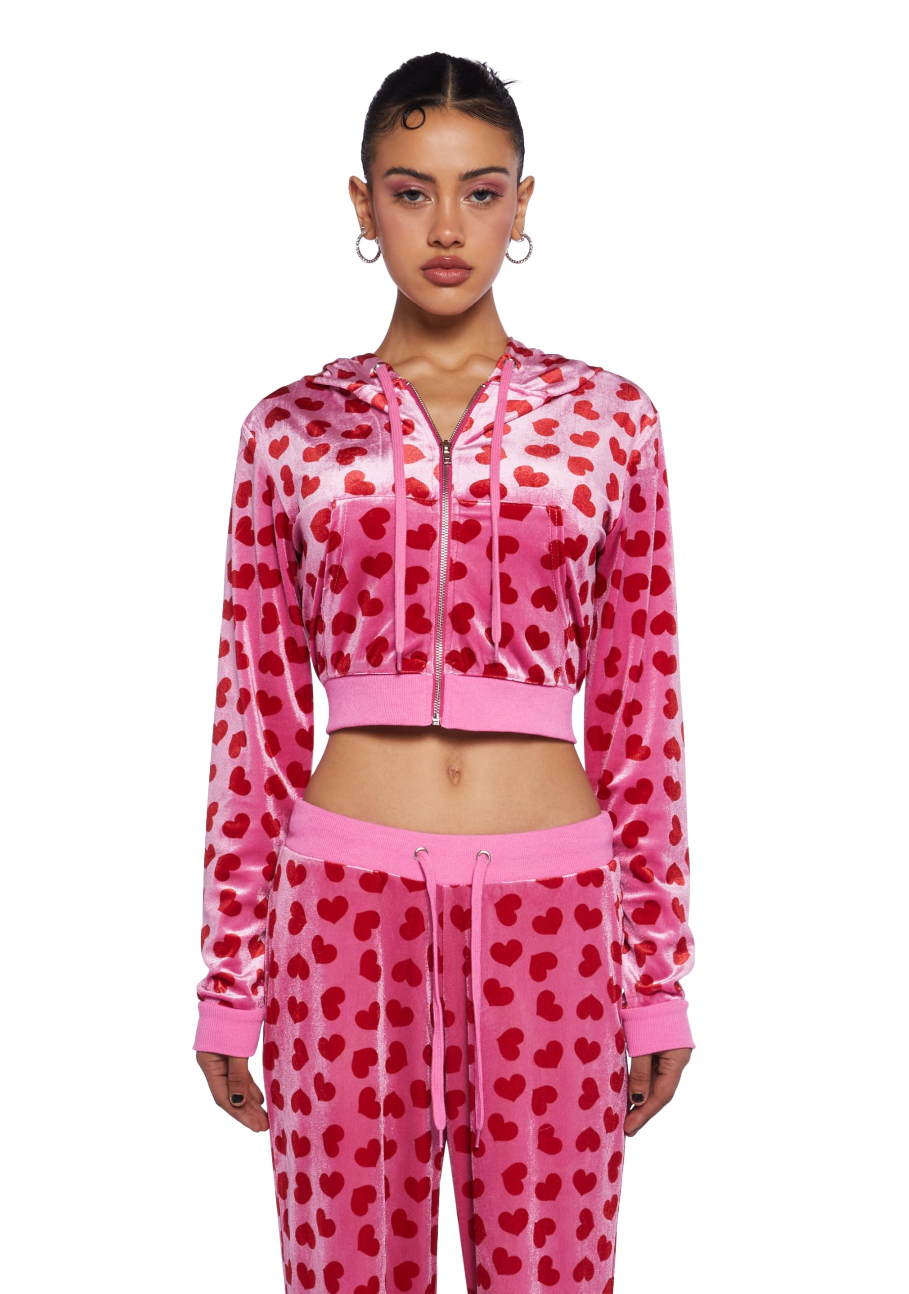 Dolls Kill Loyal Maneater Velour Track Jacket by Sugar Thrillz – Cropped Heart Print Zip-Up Jacket: Pink Small