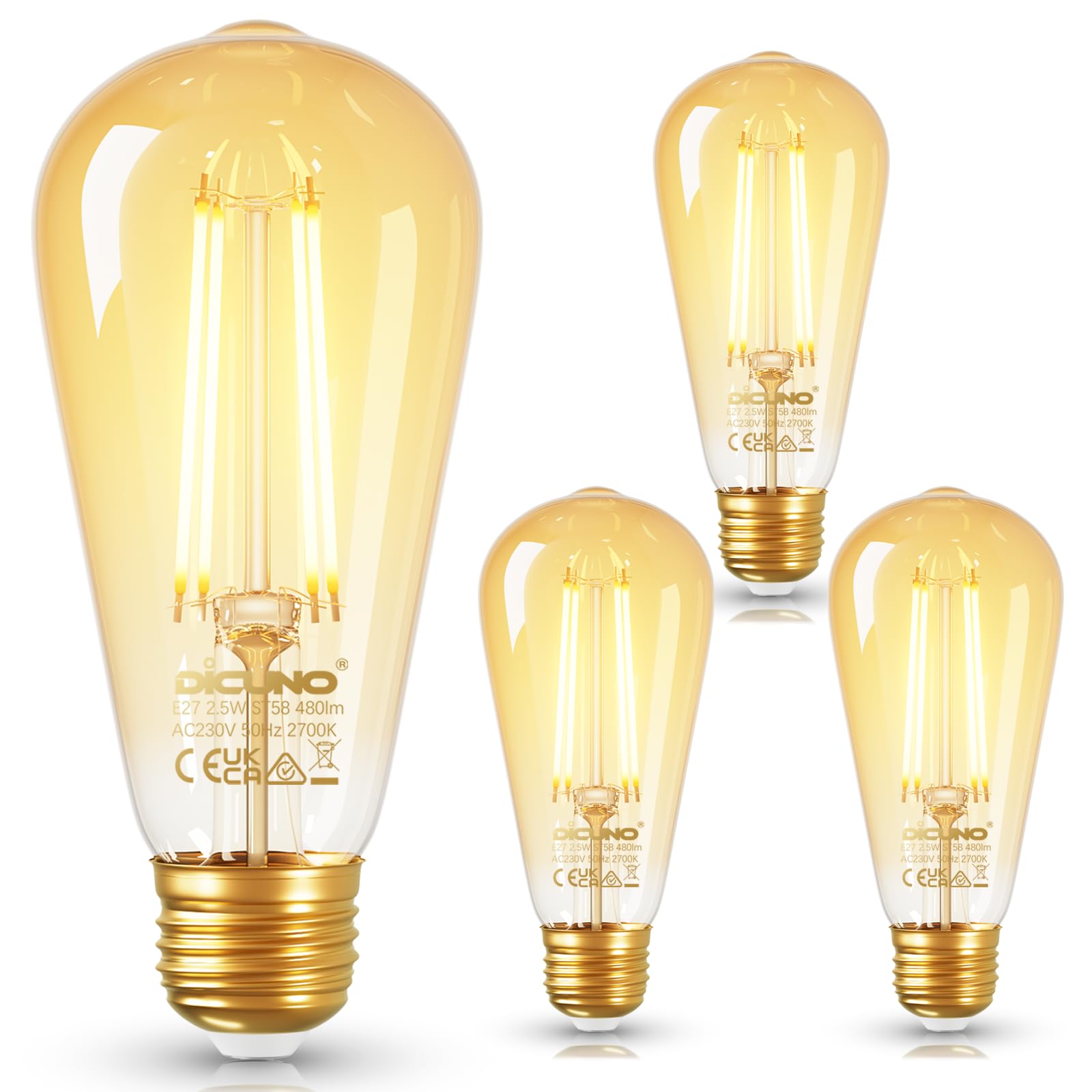 DiCUNO Edison Vintage Glühbirne, E27 LED Klasse B 2,5W ersetzt 40W, 480lm, 360°, Warmweiß 2700K, ST58 LED Filament Retro Glühbirne, Bernsteinfarbenes Glas, flimmerfei, nicht dimmbar, 4er Pack