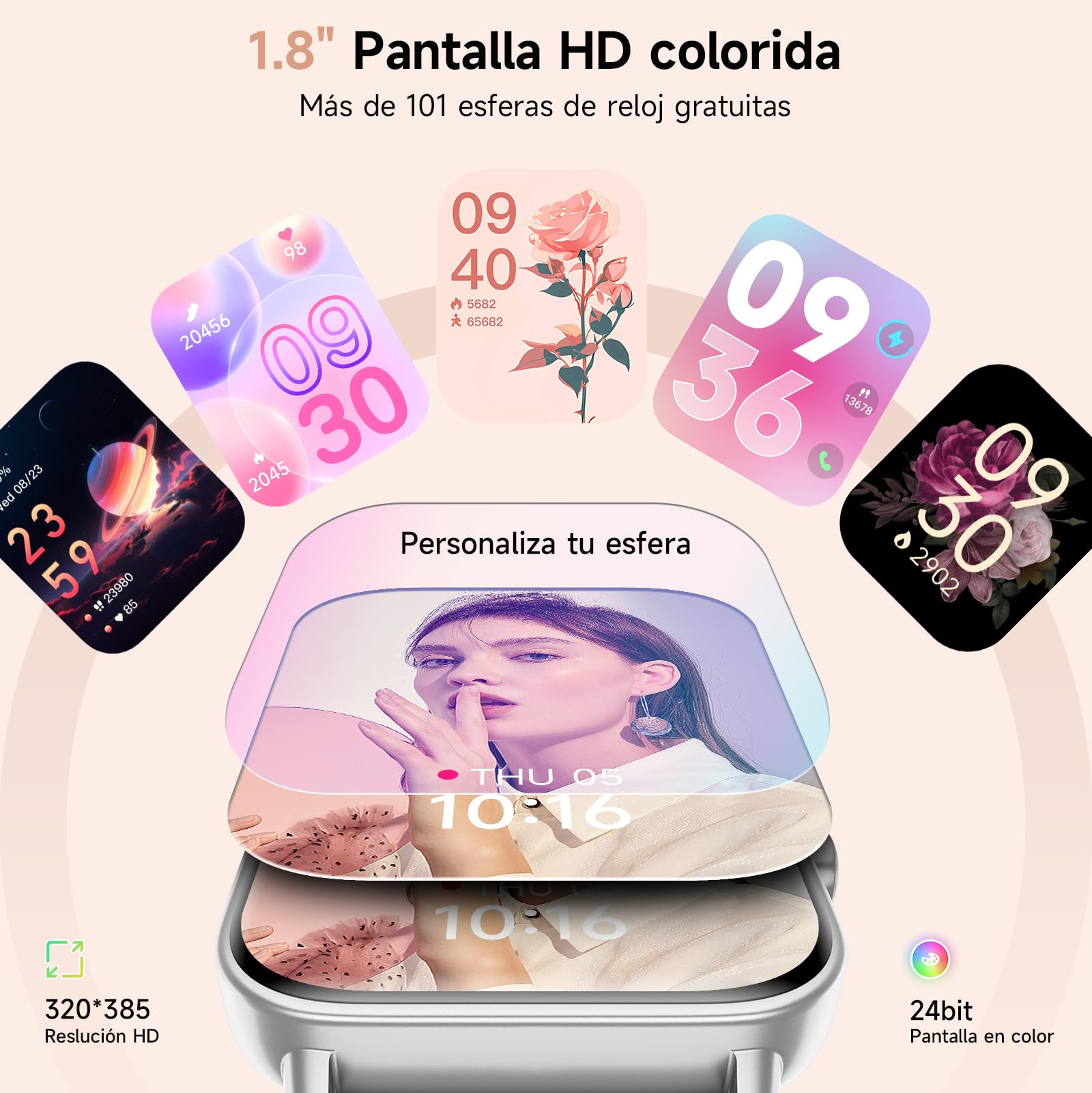 Reloj Inteligente Mujer Smartwatch 1.85" con Llamadas Bluetooth y Alexa, Monitor de Frecuencia Cardíaca/SPO₂/Estrés/Sueño, Podómetro, IP68 Impermeable, 100+ Modos Deportivos para Samsung Android iOS