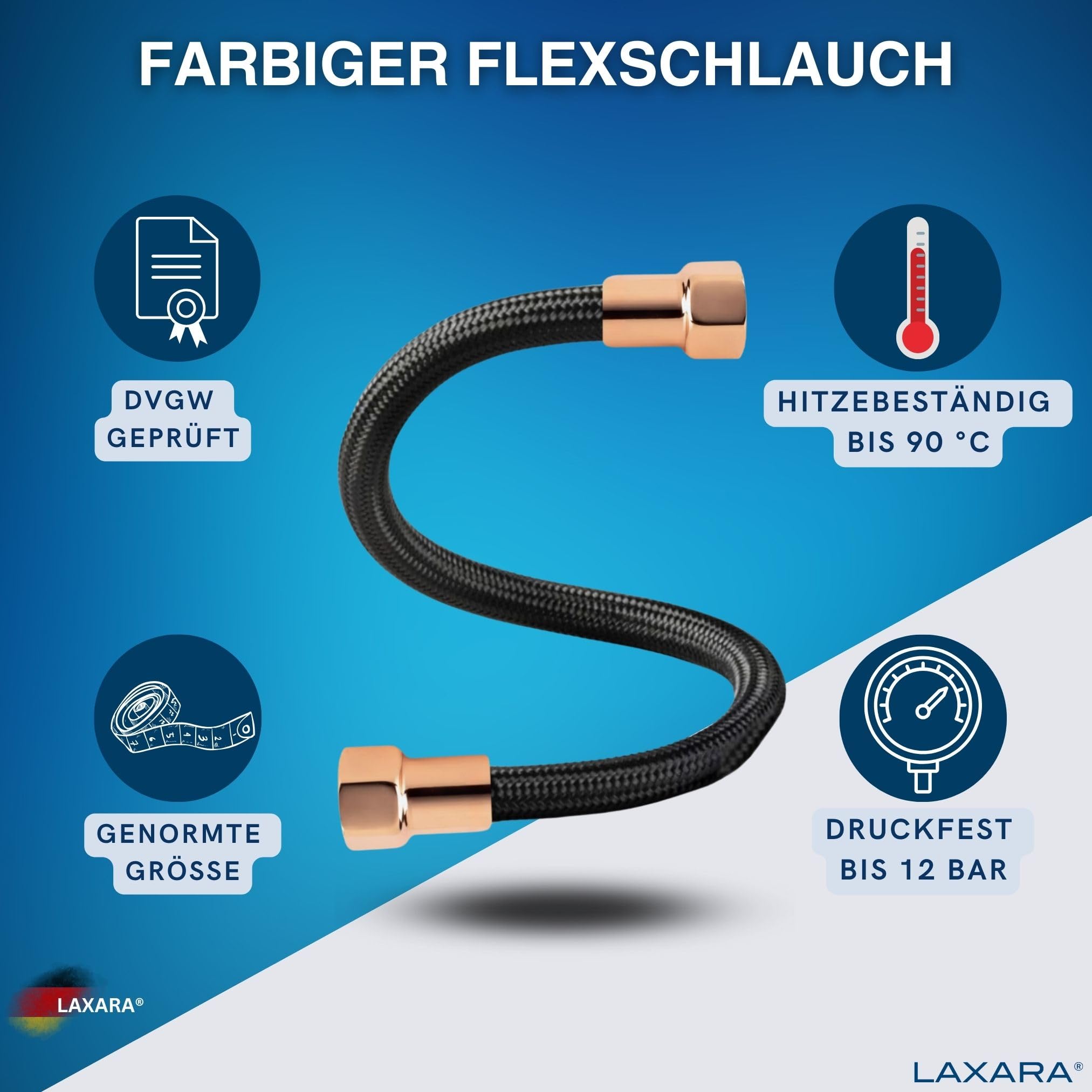 LAXARA DVGW Premium Coloured Flex Hose Black and White 3/8 Inch to 1/2 Inch Nut on Both Sides in Selectable Styles (3/8 Inch Black - Image 2