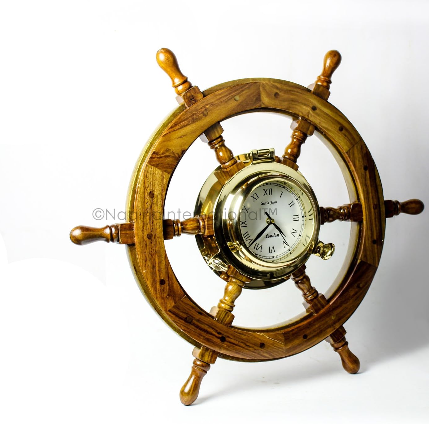 Nagina International Premium Nautical Home Decor Polystone Pirate's Porthole Clock Ship Wheel (18 Inches)