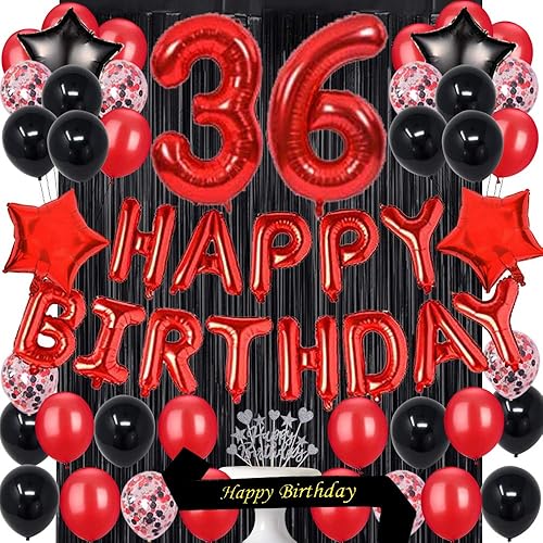 Suministros de decoración de fiesta de cumpleaños número 36, globos rojos y negros, decoración de pastel de feliz cumpleaños, papel de aluminio,