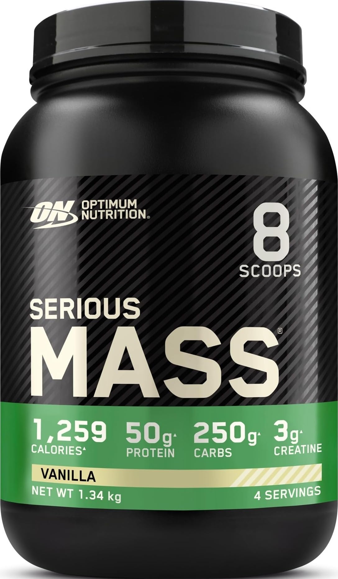 Optimum Nutrition Serious Mass Protein Powder High Calorie Mass Gainer with Vitamins, Creatine Monohydrate and Glutamine, Vanilla, 4 Servings, 1.34kg, Packaging May Vary