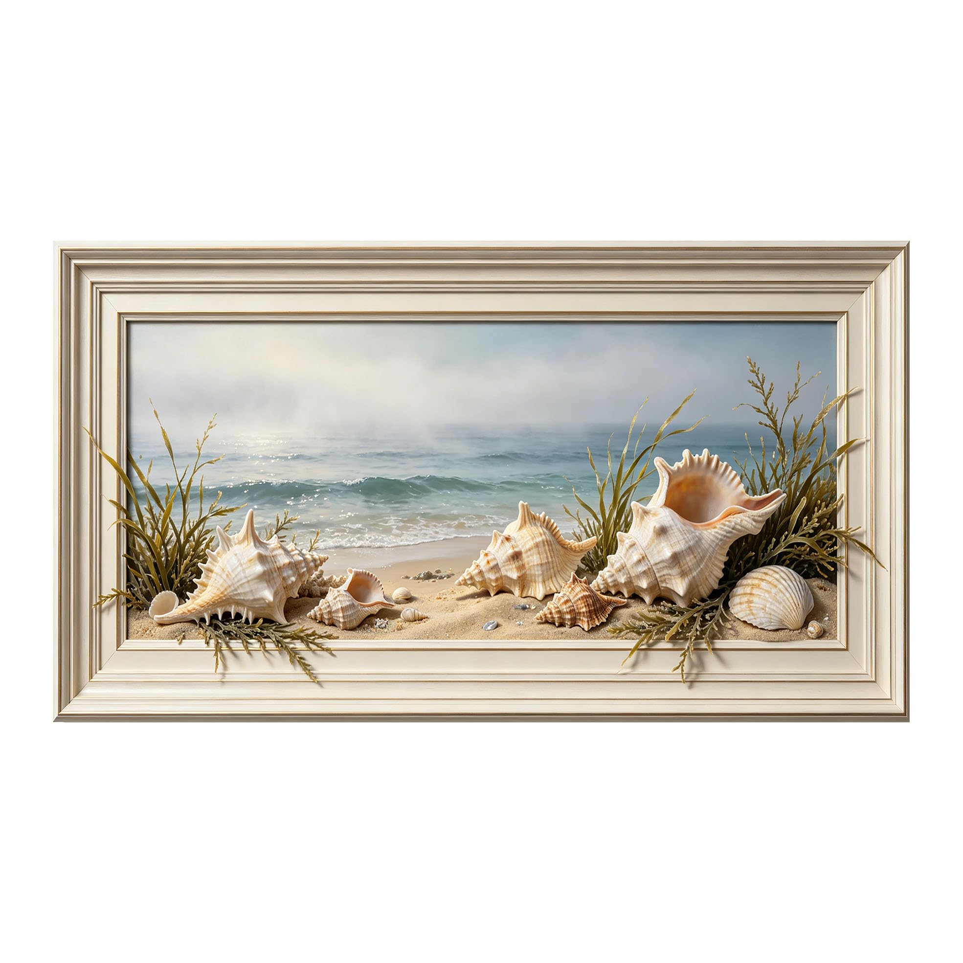 Yzpallescene 3D Framed Wall Art 50cm×100cm Coastal Marine Seascape Realistic Seashells Panoramic Window View Large Size SelfAdhesive Removable Wall Decor Prints Artwork for Living Room Bedroom Office