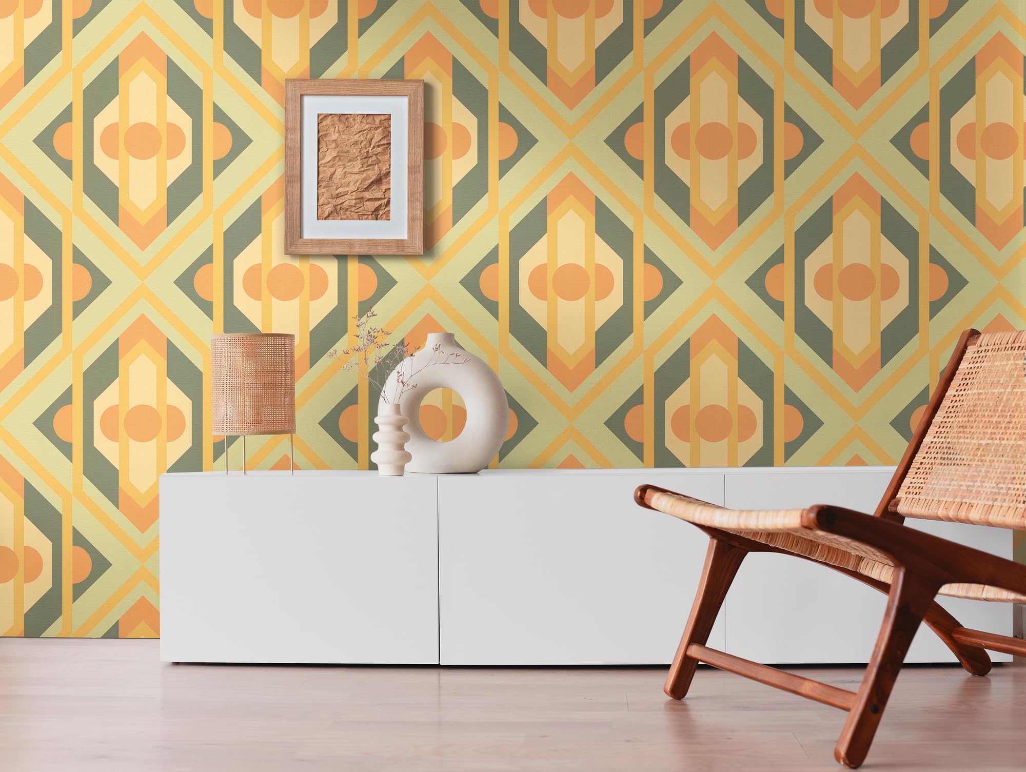 Tapeta w stylu retro, tapeta w stylu vintage, grafika, zielona, żółta, pomarańczowa, A.S. Création 395312-8,50 m x 0,53 m - Made in Germany