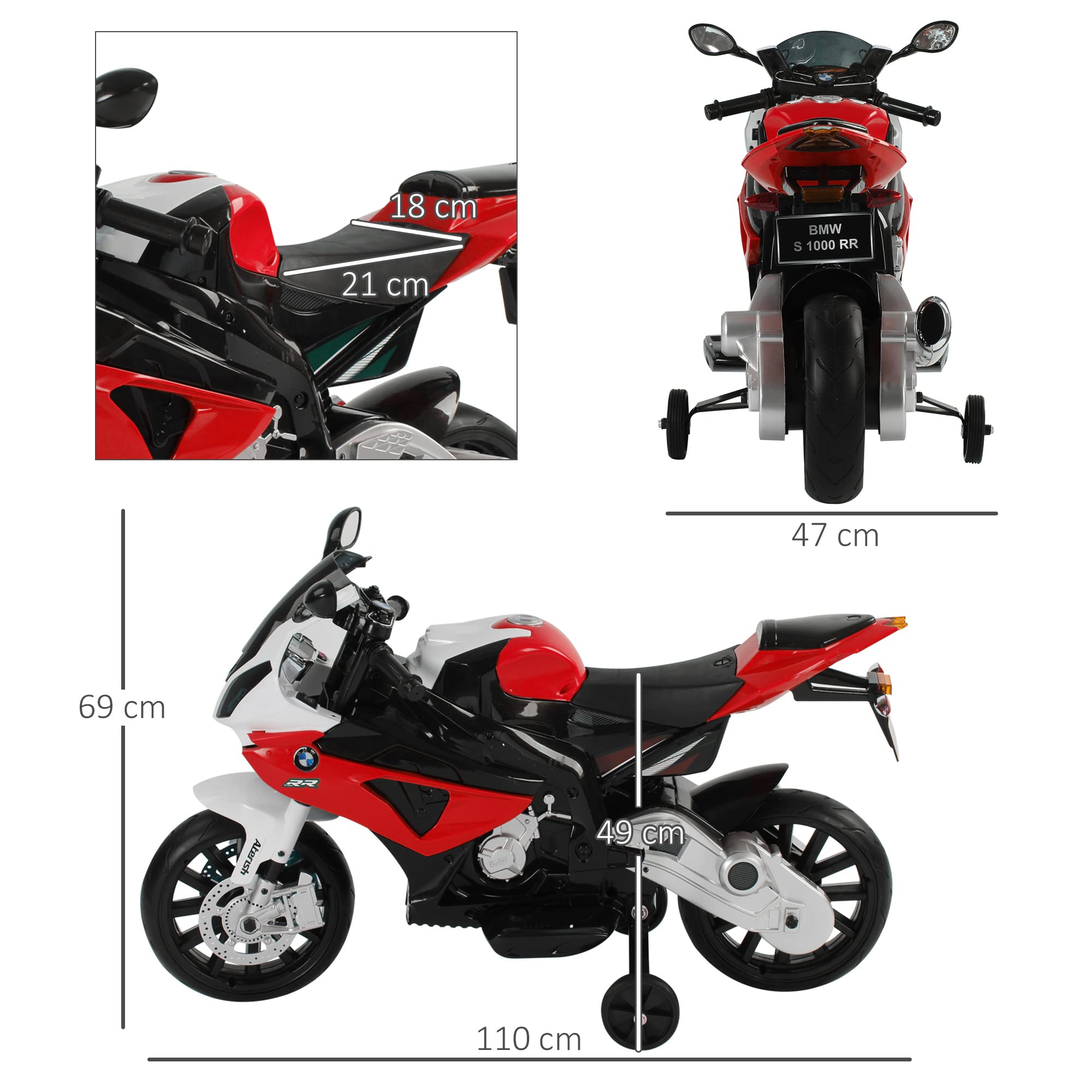 HOMCOM Moto Elettrica per Bambini 3-8 Anni con Licenza BMW, Velocità 2.5-5Km/h, Motocicletta Elettrica con Batteria 12V, Rotelle e Luci, 110x47x69 cm, Nero e Rosso