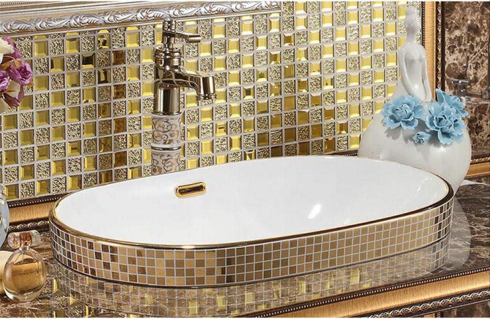 Gljtuo Gold Basin Sink Handmade Engraved Blocks Porcelain Countertop Round Sink Bathroom Basin-8