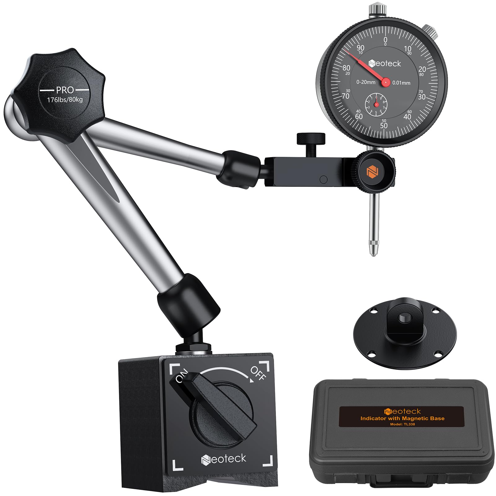 Neoteck Comparateur à Cadran 0–20 mm avec Base Magnétique Support Articulé à 3 Joints 80 kg pour Mesure de Précision Ensemble Professionnel pour Fraiseuse CNC Imprimante 3D Atelier Mécanique - Noir