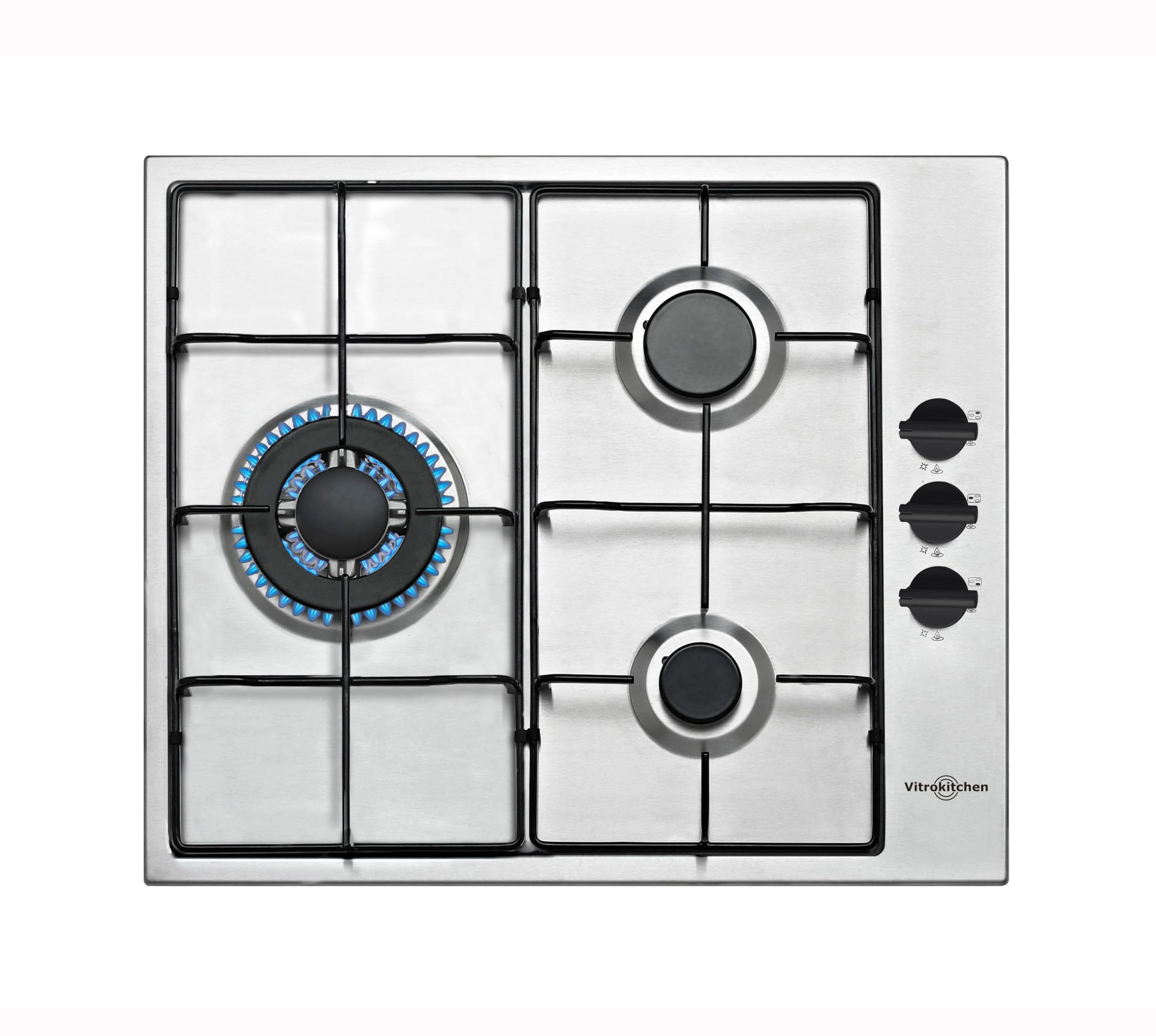 Vitrokitchen EN605LIB - Placa de Gas Butano 3 fuegos con encendido electrónico, acero inoxidable, seguridad Gas-Stop, 60cm