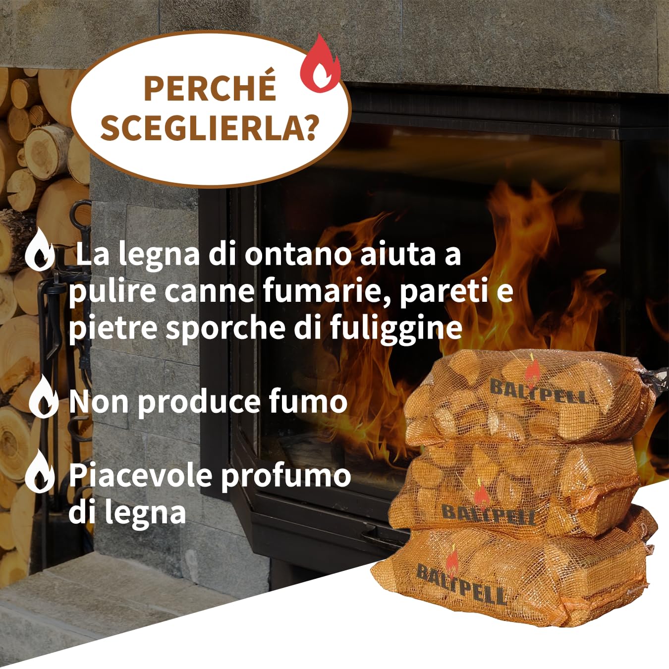 BALTPELL Legna Da Ardere Secca | Legno Ontano Alta Qualità | 3 Sacchi da 40 Litri | Per Camini, Caminetti, Stufe, Barbecue, Pizzerie | Tronchetti 30cm