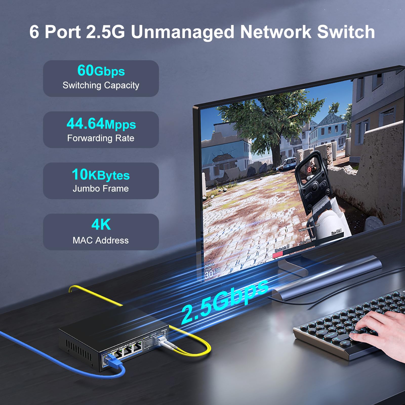 6-portowy niezarządzany przełącznik sieciowy 2,5 G, porty VIMIN 4X 2,5 Gbase-T, 2 x port 10G SFP+, pojemność przełączania 60 Gb/s, IEEE802.3, metalowa obudowa, bez wentylatora, działa dla NAS 2,5 Gb/s