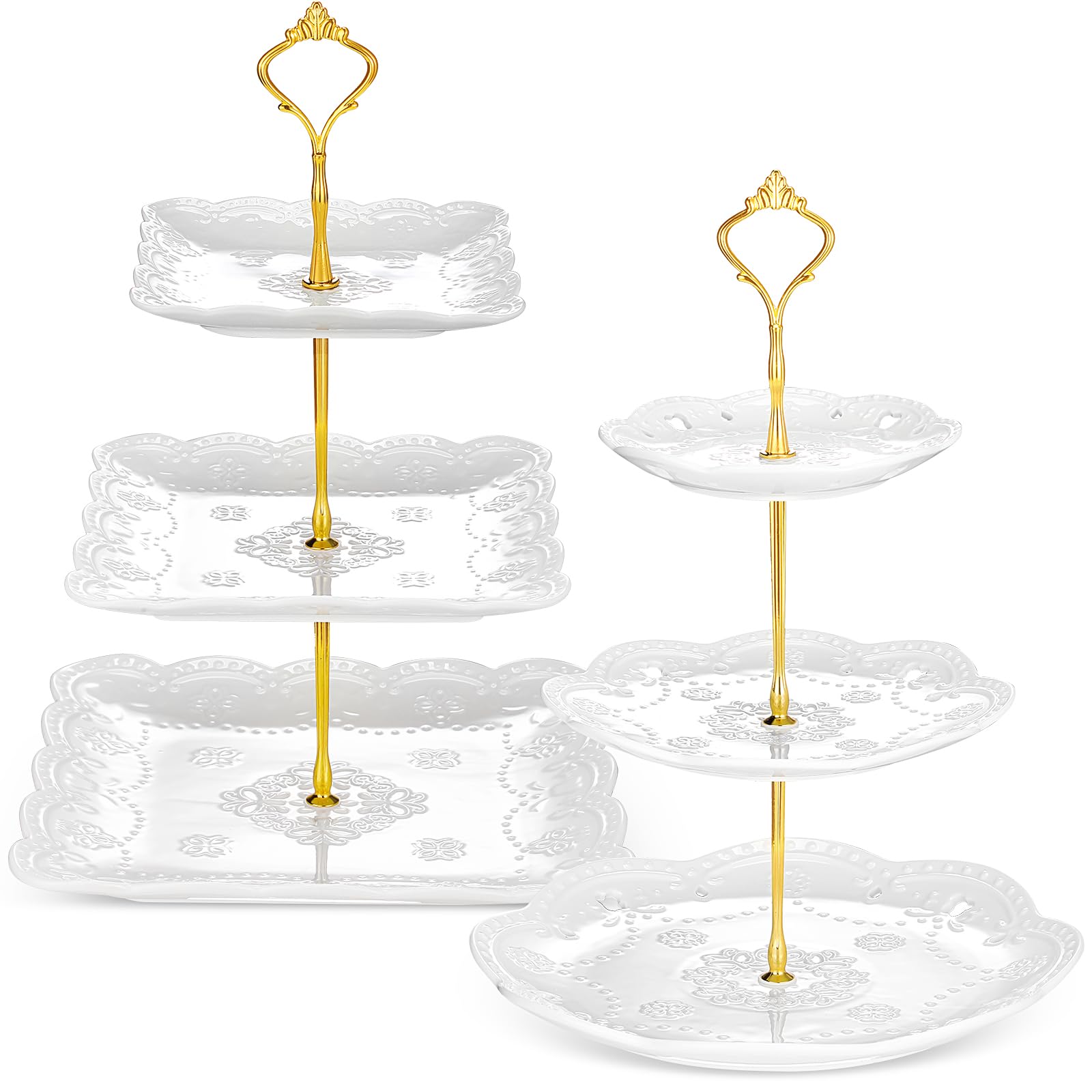 Ctosree 2 Pcs 3 Tier Porcelain Cupcake Stand Round and Square White Ceramic Cake Stand 3 Tier Serving Tray Tiered Dessert Stand Multicolor Display Embossed Elegant Stand for Tea Party Wedding Birthday