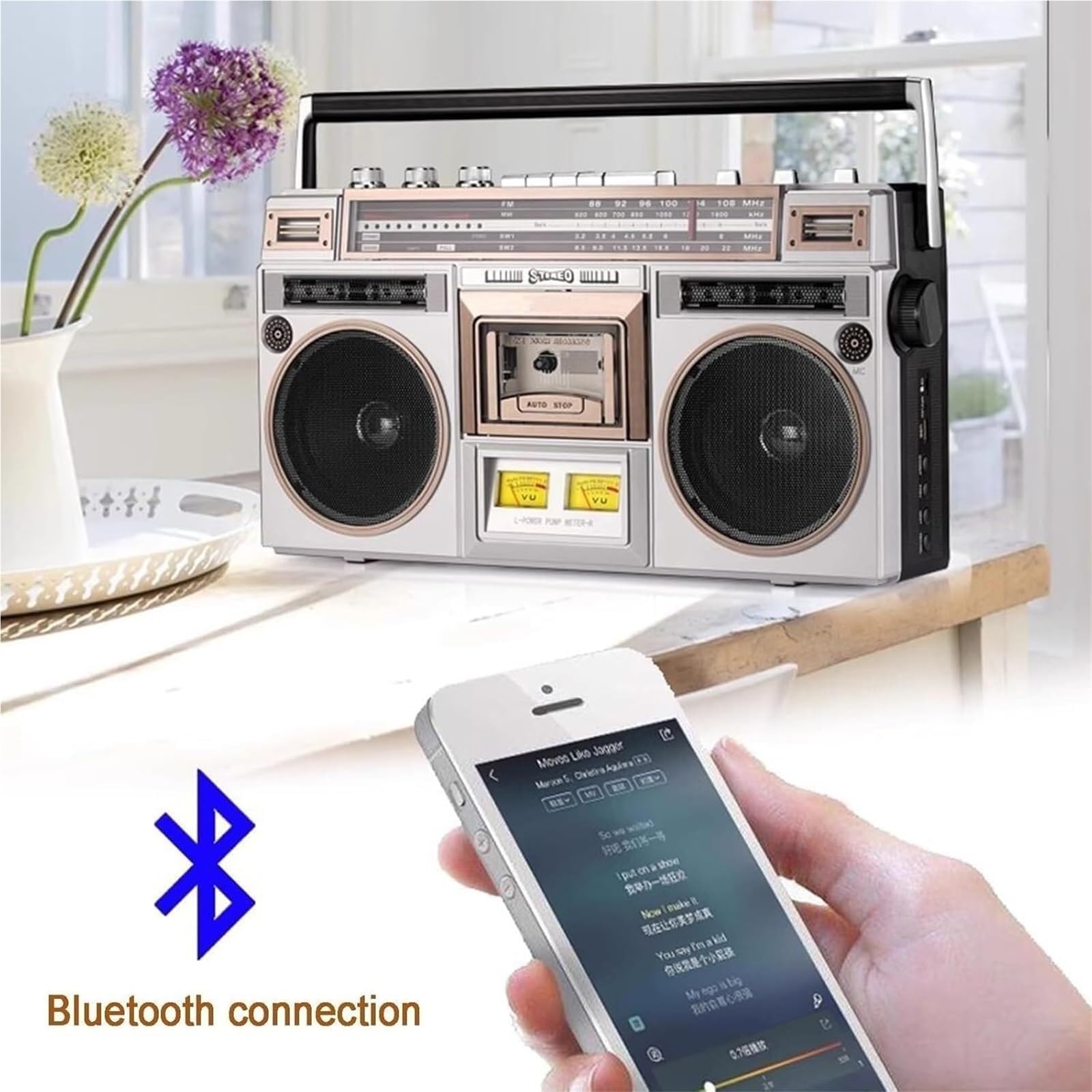 Boombox portátil Estilo Retro clásico de los años 80, con grabadora de Casete, Adecuado for Adultos Mayores, entusiastas del Aire Libre y Espacios como dormitorios, cocinas y Estudios.