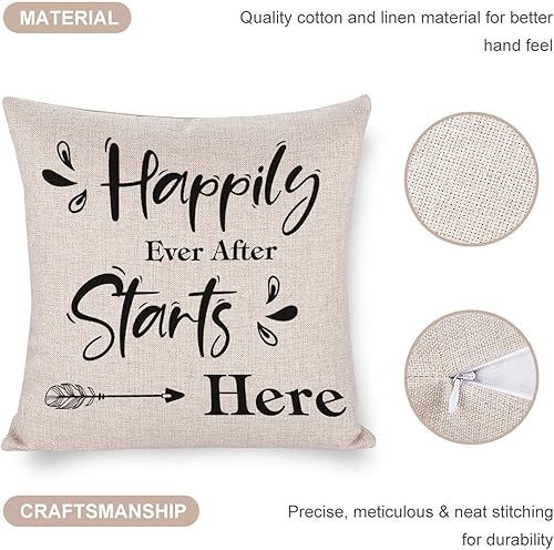 Miniatura 4 de FoDuoDuo Fundas de almohada de lino y algodón para cojín decorativo Happy Ever After Starts Here, fundas de almohada cuadradas para sofá,