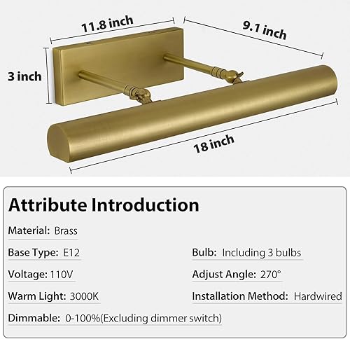 Miniatura 4 de Luz de Imagen, luces de imagen de latón de 18 pulgadas para pared, luces de imagen cepilladas en oro con cableado incorporado, luces de arte