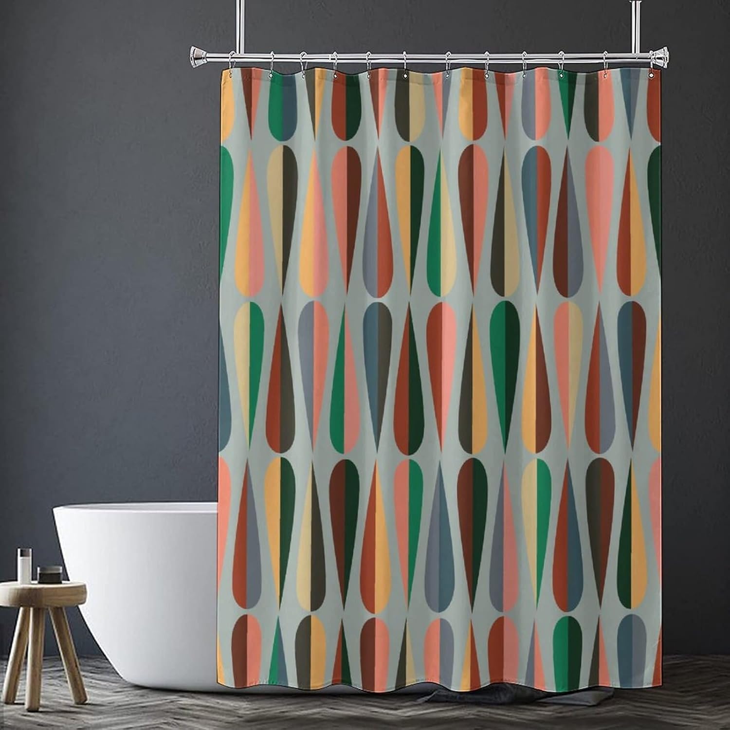 Mid Century Shower Curtain, Modern Style Retro Drop Shapes in Tones Abstract Polyester Fabric Printed Shower Curtain Set for Bathroom with Hook 66x72Inch(168x183cm)