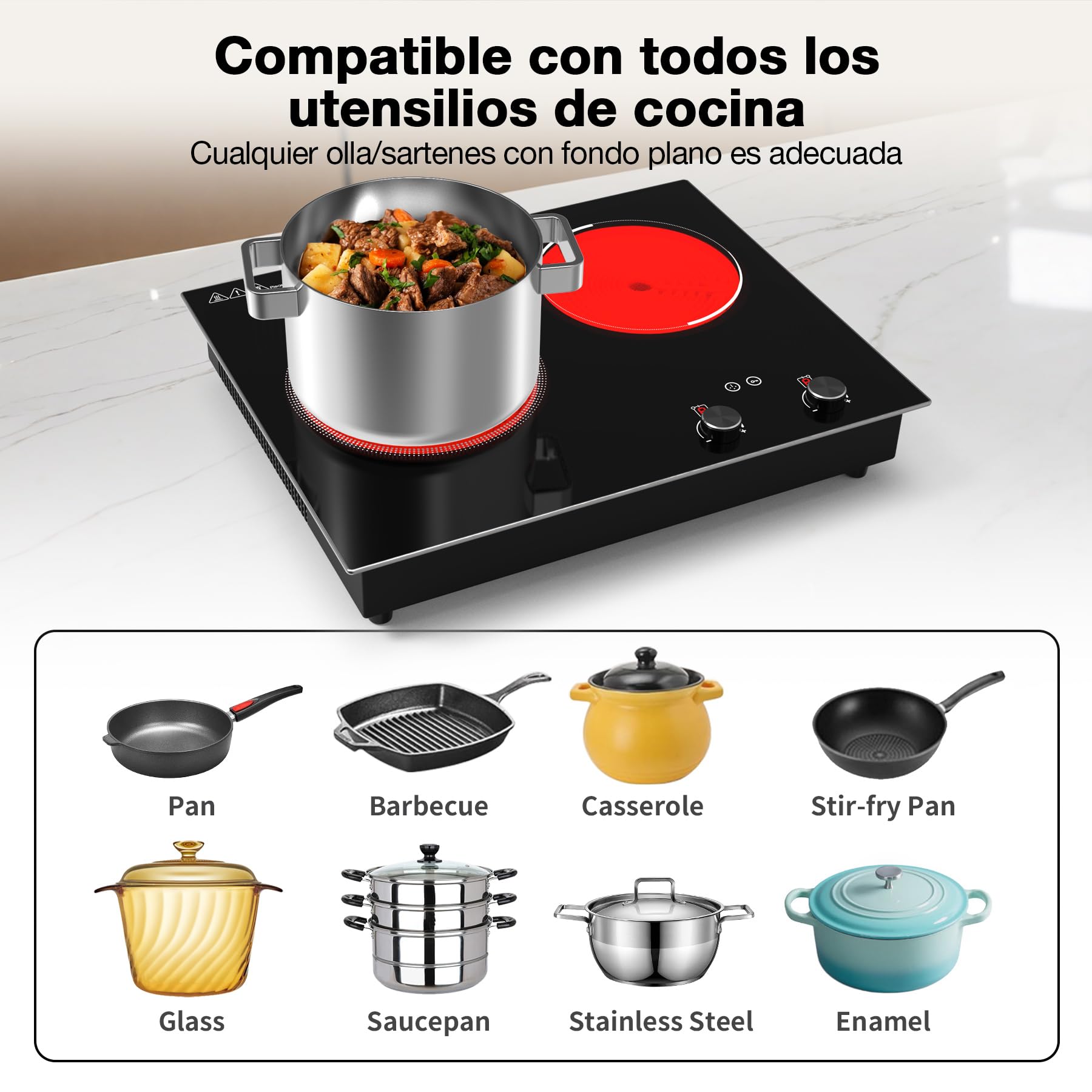 VBGK vitrocerámica 2 fuegos,3000W Empotrable y de sobremesa vitrocerámica 2 fuegos，9 niveles de potencia, temporizador y bloqueo de seguridad para niños.