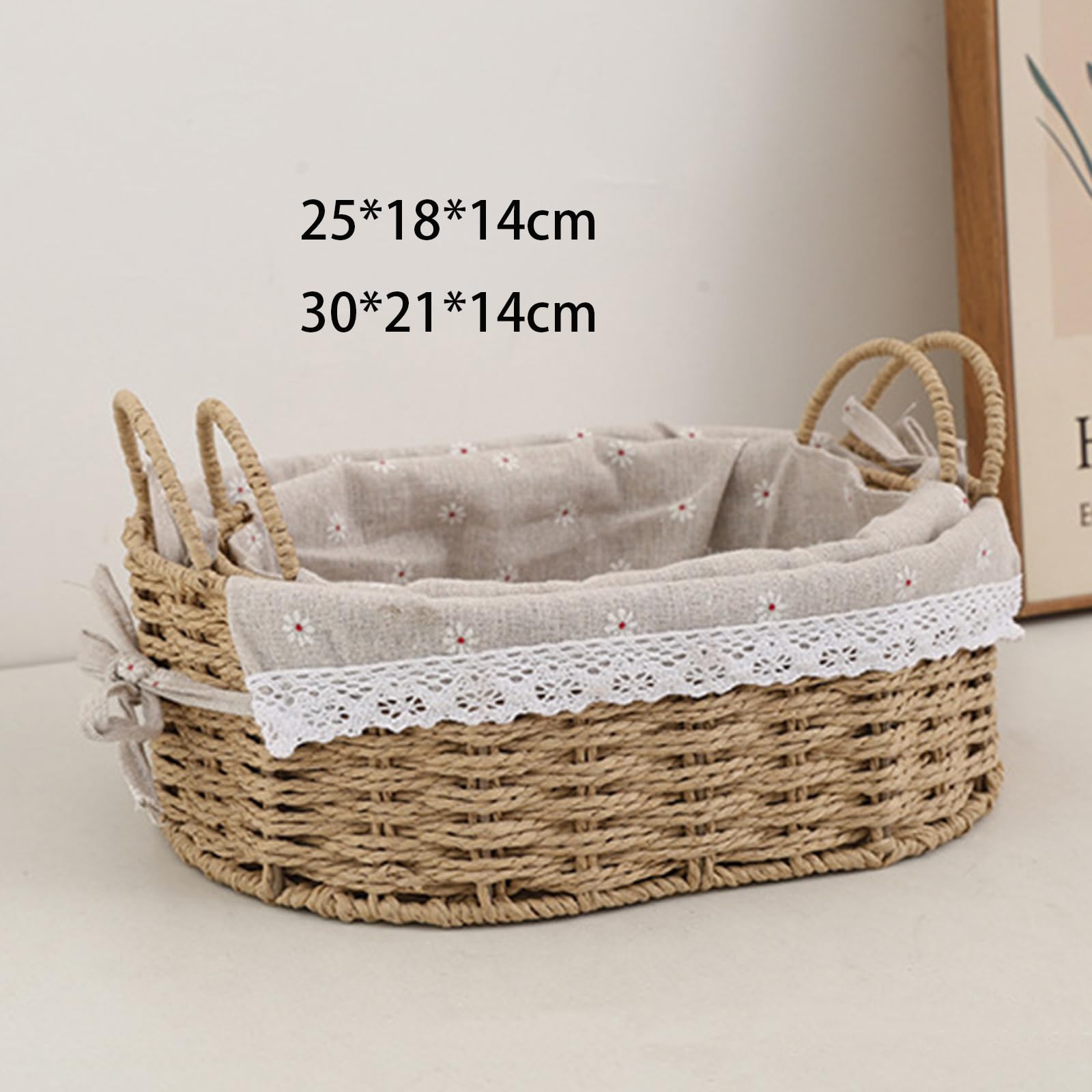 2 Szt. KoszykóW Do Przechowywania Z Splotu Na Biurko Z Uchwytem - Koszyk Z Trawy I Rattanu Na Drobiazgi Do Przedpokoju,Khaki,（25 * 18 * 14、30 * 21 * 14）cm