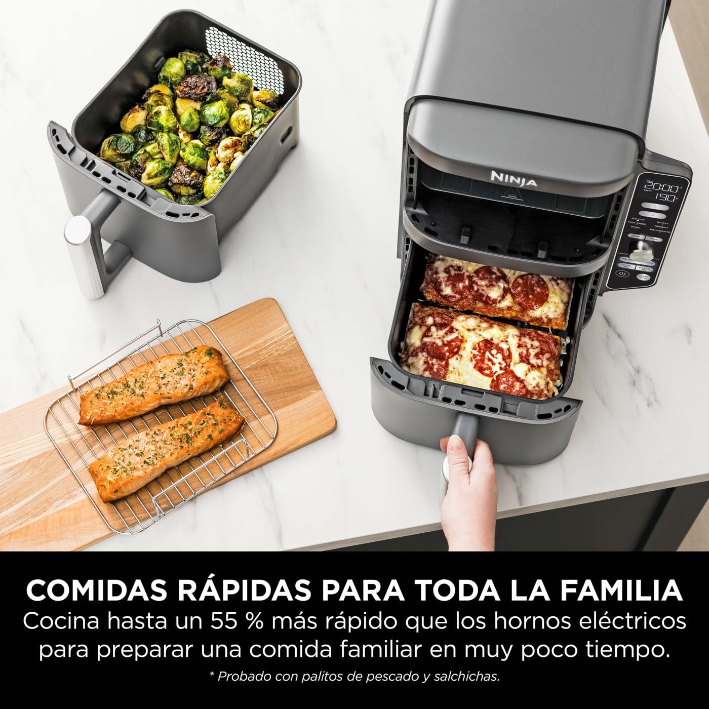 Ninja Double Stack XL Freidora de aire, 9,5 l, Doble cesta vertical, 4 niveles de cocción, 2 cestas y 2 rejillas, diseño para ahorrar más espacio, 6 funciones de cocción, 8 porciones, en gris, SL400EU
