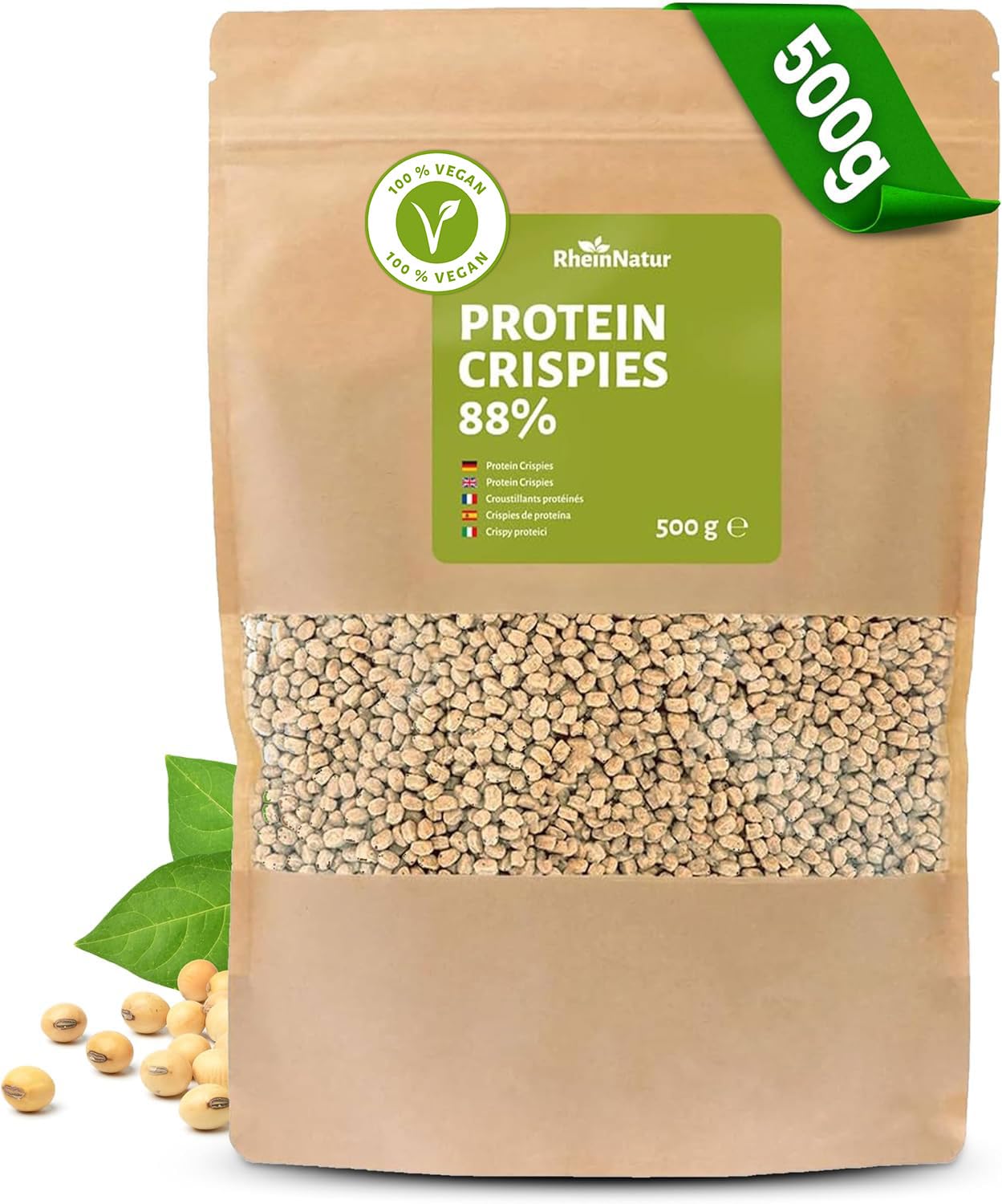 RheinNatur Crispies Proteína de soja, 88%, 500 g, fuente de proteína vegana sin azúcar añadida, cobertura crujiente para muesli, yogur y ensalada o como crujiente para platos y barras salados