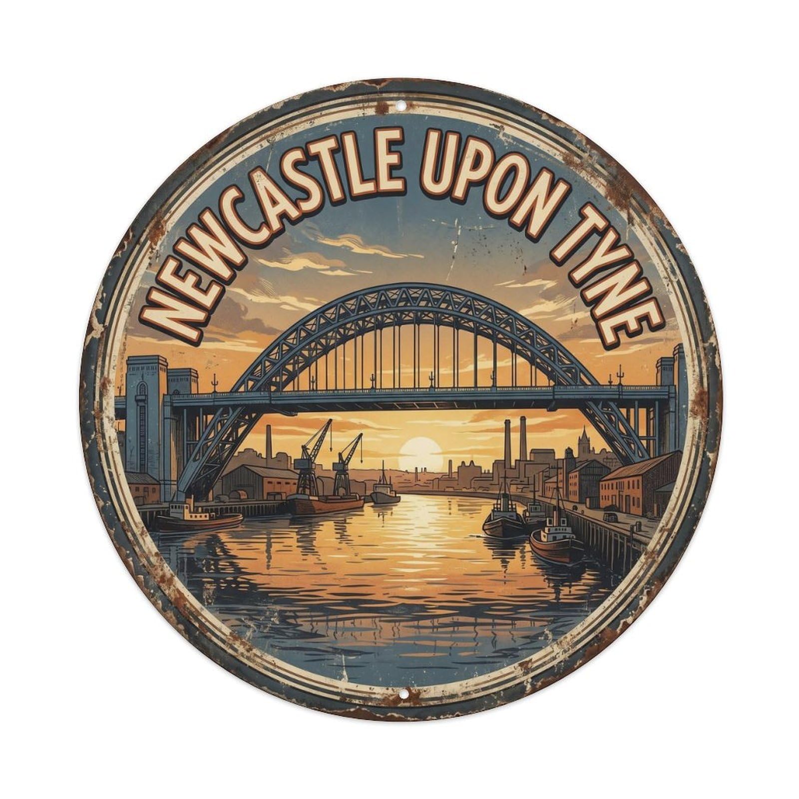 Newcastle Tyne Bridge Cartography Vintage Landmark Travel Bold Metal Tin Sign Plaque Wall Decor for Cafe, Man Cave, Club Bar, Office, Home Garden Round Metal Poster 8x8Inch