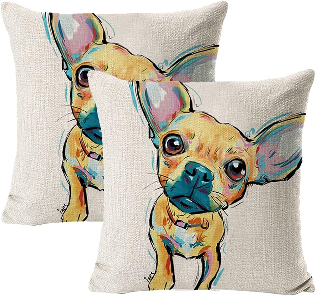 NA 2 Pcs Pet Chihuahua Dog Pattern Cushion Covers, Flax Watercolor Animal Throw Pillow Cases,Decoration Pillowcases for ๏ผ18 * 18in๏ผ Pillow