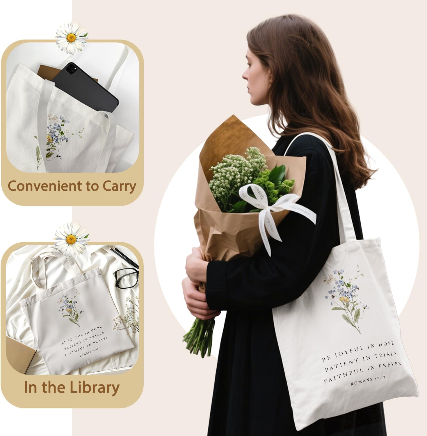 Flowers Bible Bags for Women, Cute Flowers Summer Canvas Tote Bag Reusable Shopping Grocery Bags, Christian Gifts image 5